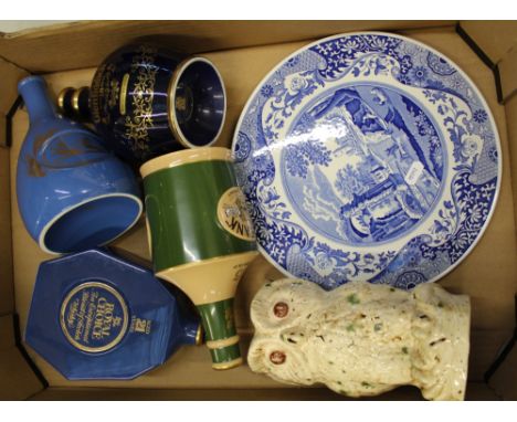 A mixed collection of items to include Spode Italian patterned Gateau plate, four Spode ceramic whisky decanters (empty) and 