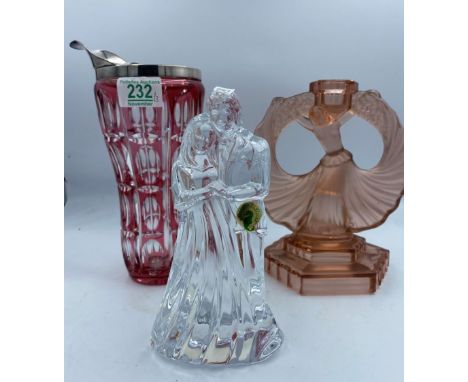 A mixed collection of items to include boxed Waterford glass figure of Bride &amp; Groom, Art Deco Frosted Glass candlestick 