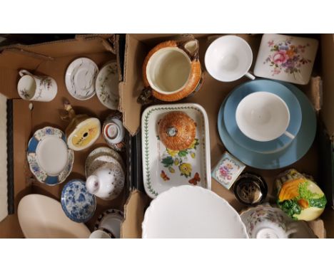 A mixed collection of items to include Wade cellulose Gloria figurine, Portmerion oven ware, Crown Derby trinklet box etc (2 