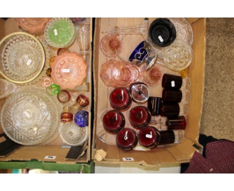 A collection of glass to include fruit bowls, pink glass bowls, candlestick, ruby sundae glasses etc ( 2 trays) 