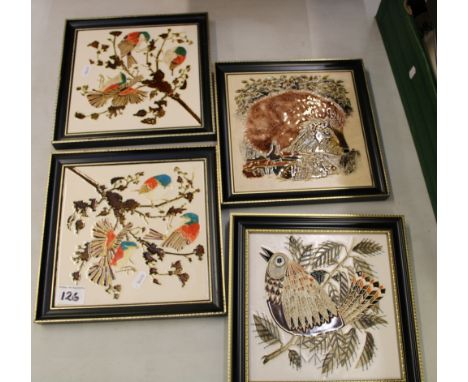 Four Maws &amp; co framed tile plaques with birds and animals 
