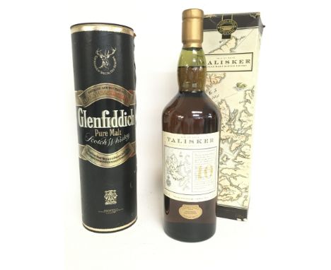 A boxed bottle of Glenfiddich Pure Malt Scotch Whisky & a boxed bottle of Talisker 10 Year Old Map label Single Malt Scotch W