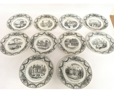 Early French ceramic plates depicting Napoleonic precession views, some damage. Postage category D