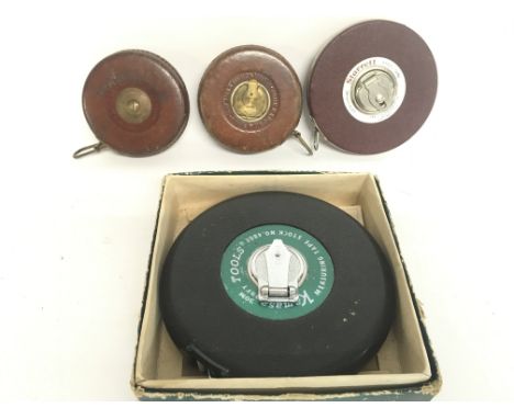 Vintage tape measures including tapes Kamasa, Starett, Rabones Rigida & Rabones metallic wired tape. Postage cat B