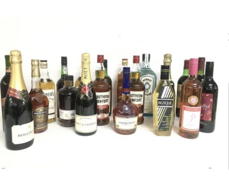 A collection of wines and spirits including Bombay Sapphire, Southern Comfort, Teachers Highland Cream Scotch Whisky, Bolling