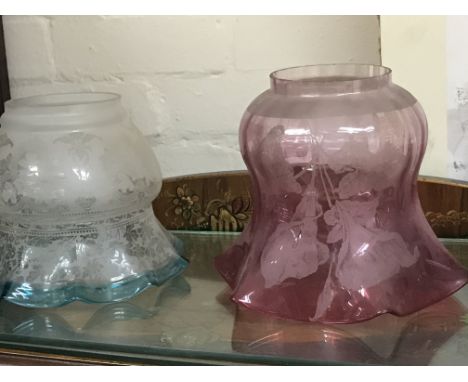 Two  engraved oil lamp shades  together with six smaller shades and font .