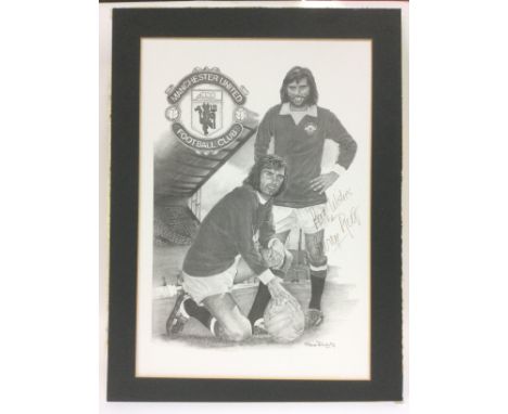 A George Best signed print of a pencil drawing depicting George in Man Utd kit, approx 27.5cm x 37cm. Shipping category A.