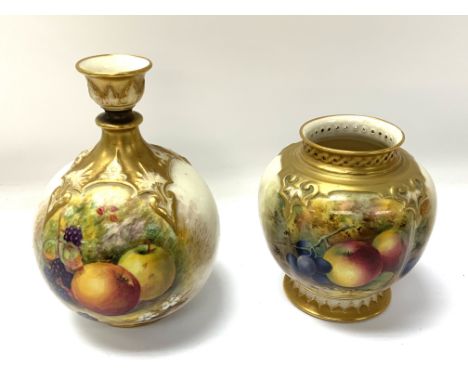 2 Royal Worcester porcelain vases with hand painted fruit design, 1 Signed E Townsend 9.5cm, 1signed William Bee 13.5cm. (D)