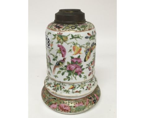 A 19th century Chinese Export porcelain Cantonese oil lamp base decorated with flowers and exotic birds. No obvious damage. H