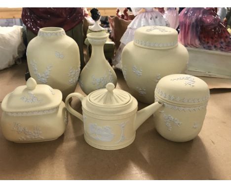 A Collection of lemon wedgewood including jar and cover bowls vases cups and saucers