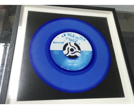 A limited Edition framed rock and roll denim vinyl silver c print from paper negative. COA on the back of the frame . 40cm by