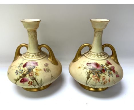 A pair of Royal Worcester squat form floral design porcelain vases, 17cm. (D)