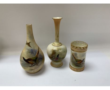 3 Royal Royal Worcester hand painted pheasant design vases each signed by JAS Stinton. 9cm/15cm/16.5cm