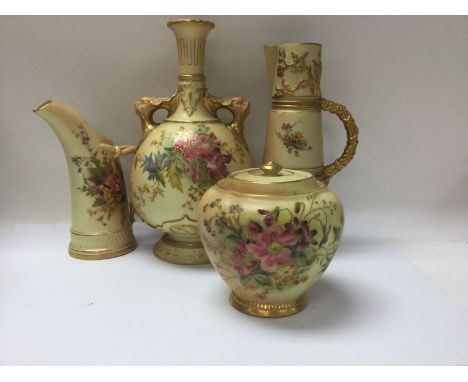 A collection of Royal Worcester blush ivory comprising Vase, jug , ewer And liked vase decorated with flowers and foliage