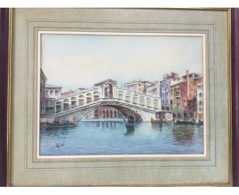 A watercolour of Venice and a watercolour of a Continental harbour view plus a framed print of three Cornish fishing villages