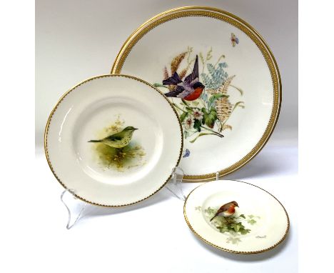 Royal Worcester group. An unsigned cabinet plate 23cm diameter hand painted, A small hand painted porcelain plate depicting a