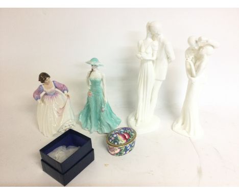 A collection of porcelain figures including Royal Doulton and Worcester & a boxed Doulton Orchard Hill trinket box. Postage c