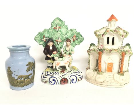 Collection of porcelain including Staffordshire figures and a pot circa 1856 depicting a Pheasant hunting scene. Postage cate