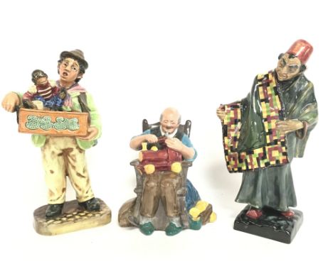 Royal Doulton porcelain figures- Organ Grinder, The Toymaker, Carpet Seller. No obvious damage or restoration Postage categor