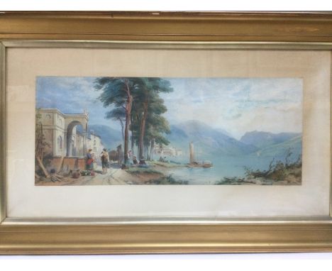 A framed and glazed print of a circa 19th Century Italian landscape scene with figures to the foreground. Signed in pencil by