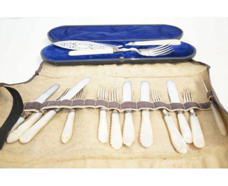 Cased fish server set & flatware with mother of pearl handles 