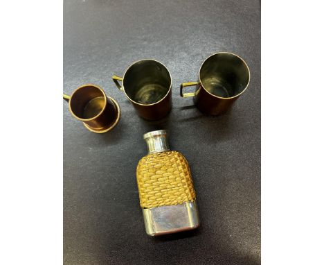 3x copper measuring jugs & a small flask 