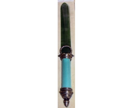 A VERY GOOD "FABERGE" SILVER, ENAMEL AND GREEN JADE PAPERKNIFE with enamel handle, silver mounted and jade blade. Stamped 88.