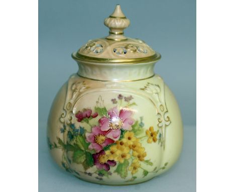 A ROYAL WORCESTER BLUSH POTPOURRI AND COVER painted with flowers, green mark.