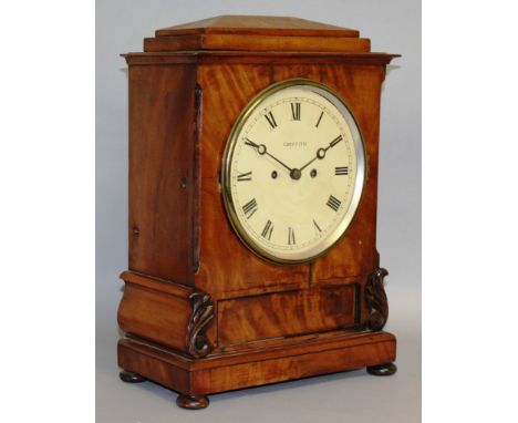 A 19TH CENTURY MAHOGANY BRACKET CLOCK by GRIFFITH with white dial, eight day movement, striking on a single bell with bun fee