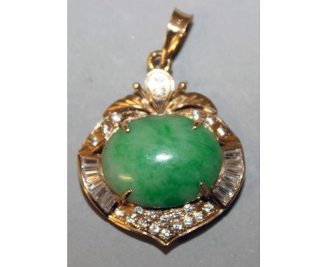 A GOOD HIGH GRADE GOLD, JADE AND DIAMOND DROP PENDANT, set with baguette and cut diamonds.