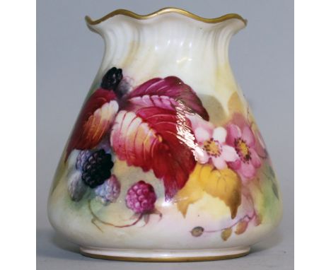 A ROYAL WORCESTER PIE CRUST RIM VASE painted with autumnal leaves and blackberries, signed by  K. Blake, puce mark.