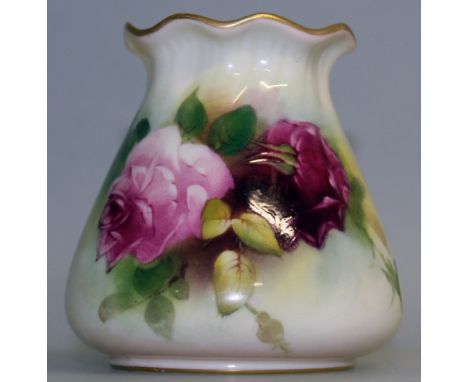 A ROYAL WORCESTER PIE CRUST RIMMED VASE painted with Hadley style roses, puce mark.