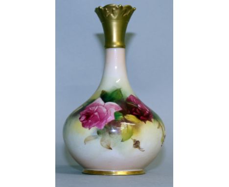 A ROYAL WORCESTER VASE finely painted with Hadley style roses, green mark, shape G702.