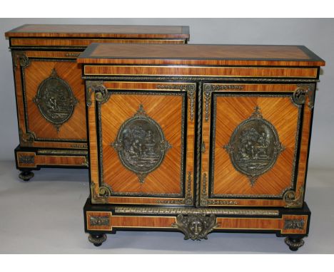A SUPERB PAIR OF 19TH CENTURY FRENCH KINGWOOD CABINETS, crossbanded with ormolu mounts, fitted with double panel doors with l