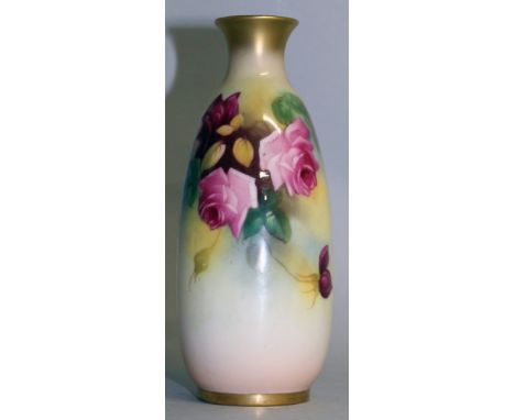 A ROYAL WORCESTER VASE finely painted with Hadley style roses, signed by M. Hunt, puce mark, shape 2491.