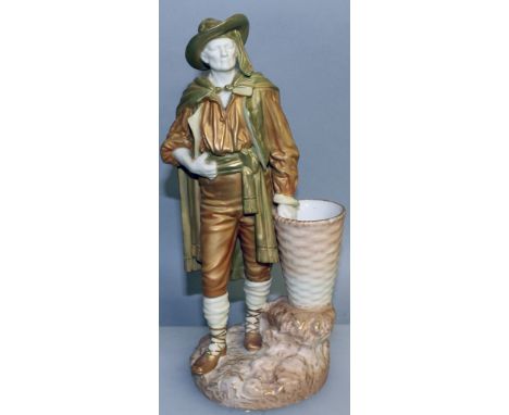 A ROYAL WORCESTER FIGURE OF A RUSTIC MAN beside a tall basket, puce mark.