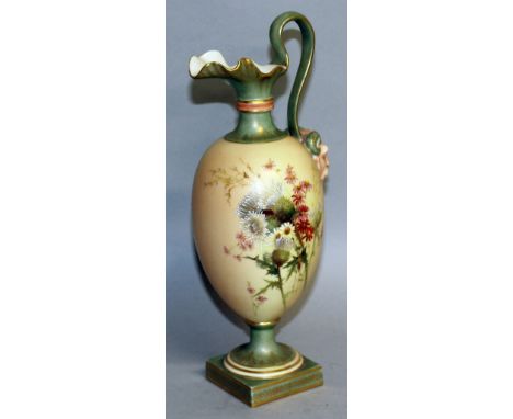 A ROYAL WORCESTER BLUSH IVORY EWER, satyr mask handles painted with thistles in Raby style.