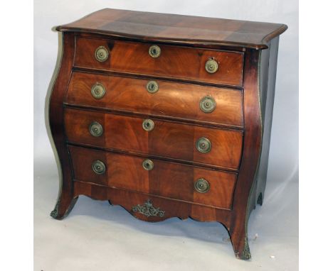 AN 18TH CENTURY DUTCH MAHOGANY BOMBE COMMODE, with four long drawers on bracket feet. 3ft 0ins wide x 2ft 11ins high x 1ft 8i