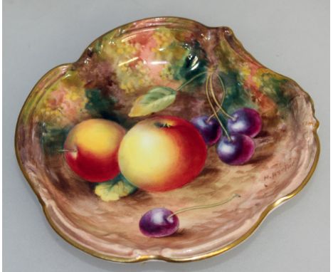 A ROYAL WORCESTER FRUIT PAINTED ROCOCO SCROLL MOULDED DISH, signed by H Aryton, black mark.