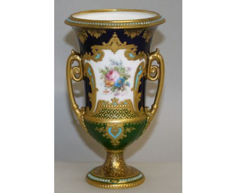 A SMALL ROYAL CROWN DERBY TWO HANDLED URN SHAPED VASE with blue and gilt ground, painted with a panel of flowers by LEROY. 5.