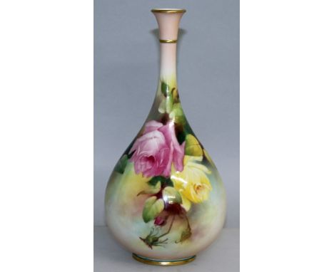 A ROYAL WORCESTER BOTTLE VASE, No. F 105, painted with pink and yellow roses. 8.5ins high.