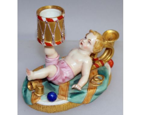 A 19TH CENTURY ROYAL WORCESTER RARE BOY WITH DRUM INKSTAND decorated in Raphaelesque colours, impressed mark.