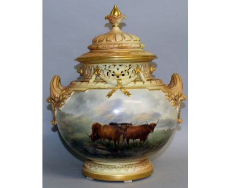 A SUPERB LARGE ROYAL WORCESTER TWO HANDLED CIRCULAR POTPOURRI VASE AND COVER, No. 1428, painted with highland cattle, in a la