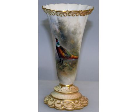 A ROYAL WORCESTER TAPERING VASE, Pattern G 706, painted with pheasants by JAMES STINTON. 6.25ins high.