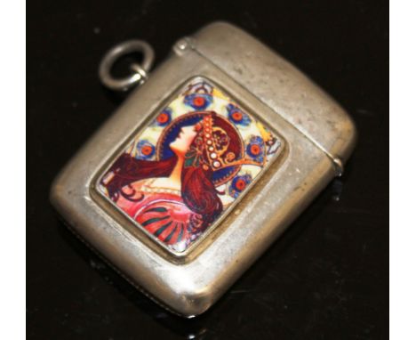 A PLAIN EDWARDIAN SILVER VESTA, Birmingham 1901, with a rectangular portrait of a girl.