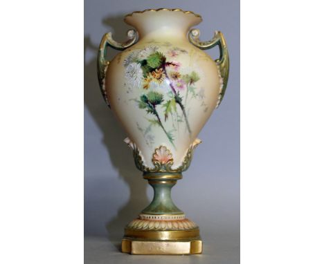 A ROYAL WORCESTER BLUSH IVORY TWO HANDLED VASE painted with thistles in Raby style.