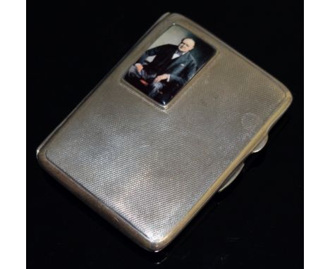 AN ENGINE TURNED SILVER CIGARETTE CASE, Birmingham 1933, with a portrait of Sir Winston Churchill.