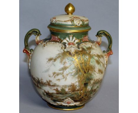 A RARE ROYAL WORCESTER TWO HANDLED BULBOUS VASE AND COVER, No. 1515, with gilt Lakeland scene. 8.5ins high.