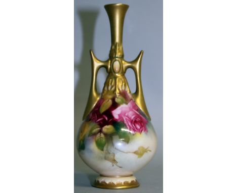 A ROYAL WORCESTER TWO HANDLED VASE finely painted with Hadley style roses, puce mark, shape G305/H.
