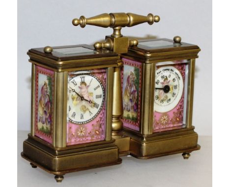 A SEVRES DOUBLE CARRIAGE CLOCK AND BAROMETER with brass carrying handle. 10cms high.